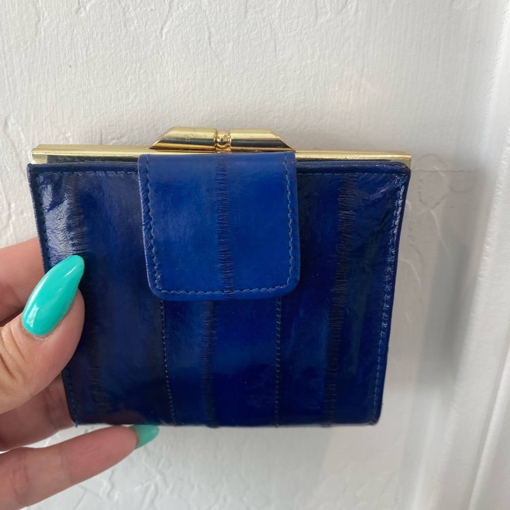 70’sVintage Eel skin wallet. Sleek Blue Wallet with Glossy Finish and Gold Clasp